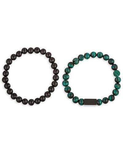 Eye Candy LA Premier 2-piece Titanium, Green Tiger Eye & Onyx Beaded Stretch Bracelet Set - Black