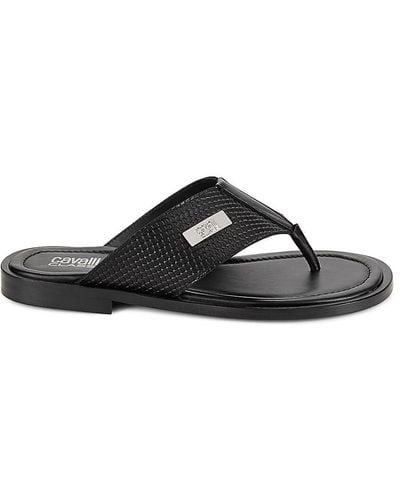 Class Roberto Cavalli Logo Leather Thong Sandals - Black