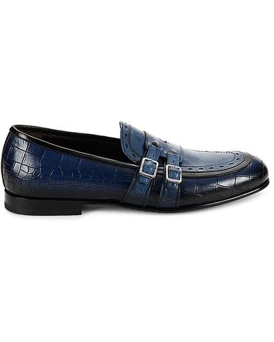 Jo Ghost Croc Embossed Leather Buckle Loafers - Blue