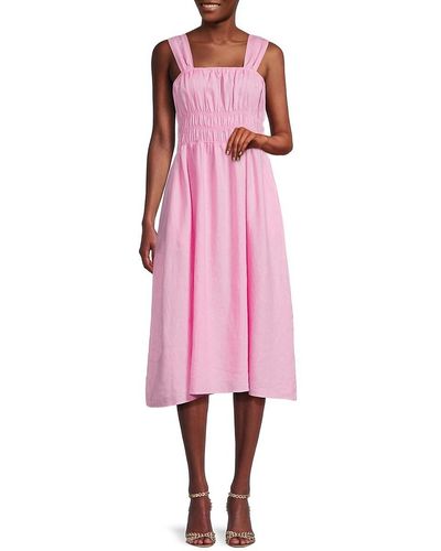 Saks Fifth Avenue Smocked 100% Linen Midi Dress - Pink