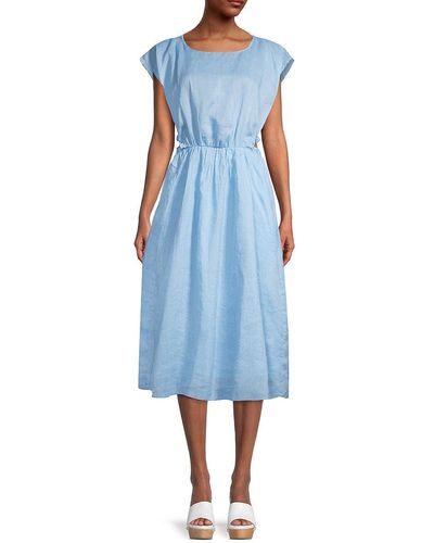 Rebecca Taylor Ramie Cut Out Midi Dress - Blue