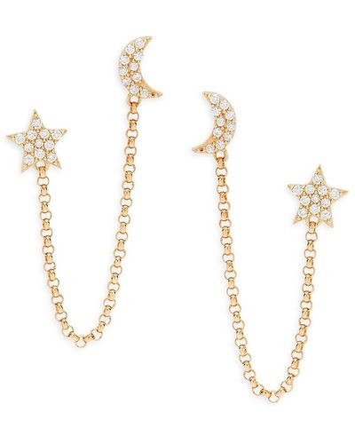 Saks Fifth Avenue 14K & 0.115 Tcw Diamond Star & Moon Chain Double Piercing Earrings - White
