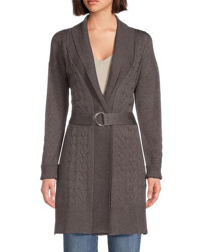 Ellen Tracy Shawl Collar Belted Wool Blend Cardigan - Grey