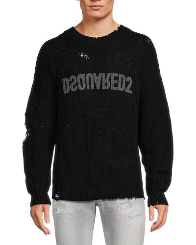 DSquared² Logo Distressed Rib Knit Sweater - Black