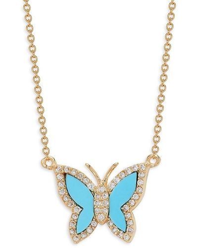 Saks Fifth Avenue Saks Fifth Avenue 14k Yellow Gold, Turquoise & Diamond Butterfly Pendant Necklace - Blue
