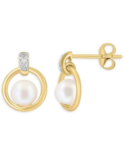 Effy 14K, 5Mm Freshwater Pearl & Diamond Drop Earrings - Metallic