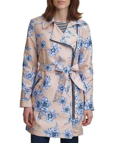 Karl Lagerfeld Floral Print Moto Trench Coat - Blue
