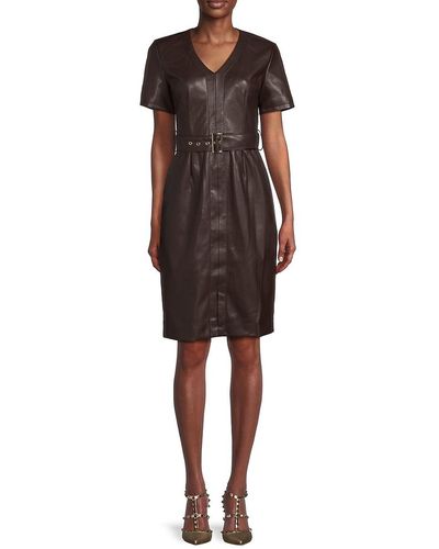 Elie Tahari T Tahari Faux Leather Belted Dress - Multicolor