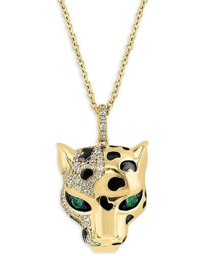 Effy 14k Yellow Gold, Diamond & Emerald Panther Pendant Necklace - Metallic