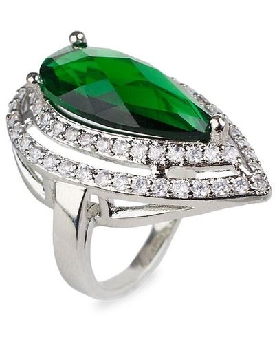 CZ by Kenneth Jay Lane Rhodium Plated & Crystal Statement Pear Ring - Green