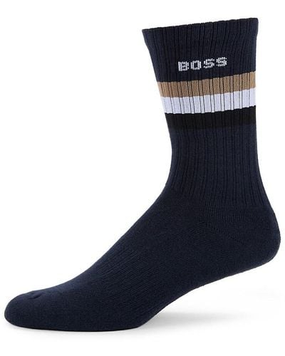 BOSS Logo Rib Knit Stripe Socks - Blue