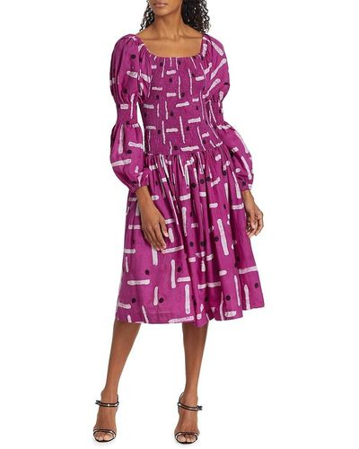 Busayo Shola Print Smocked Midi Dress - Purple