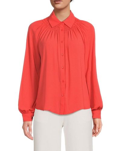 Tahari Sheer Smocked Button Down Shirt - Red