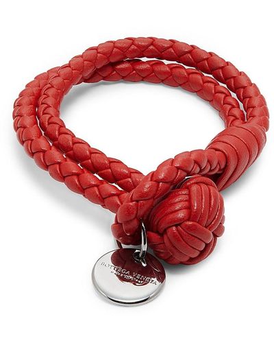 Bottega Veneta Leather & Sterling Silver Braided Charm Bracelet - Red