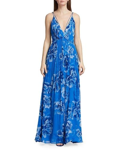 H Halston Halston Mindy Floral Chiffon Gown - Blue