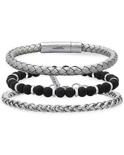 Hickey Freeman 3-piece Leather, Stainless Steel & Bead Bracelet Set - Gray