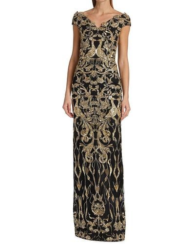 Pamella Roland Patterned Bead Embroidered Gown - Multicolor