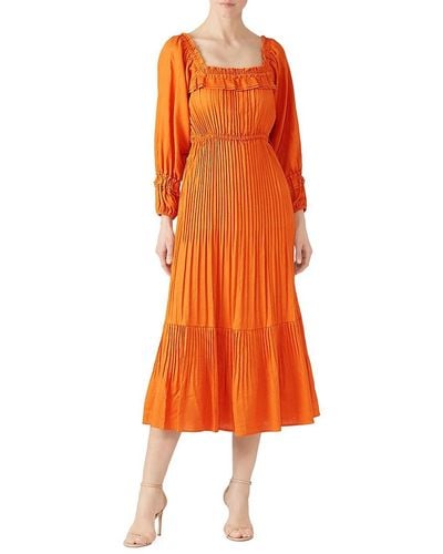 Nicholas Ruffle Trim Pleated Midi Dress - Orange