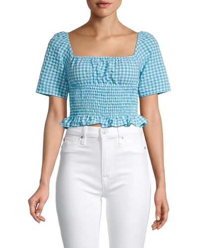 BCBGeneration Checked Smocked Cropped Top - Blue