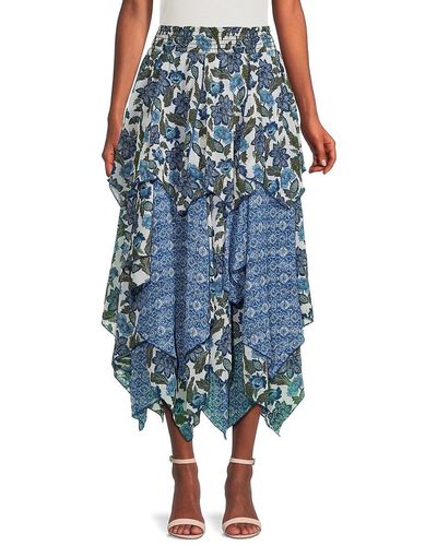 MISA Los Angles 'Zoe Floral Asymmetric Tiered Midi Skirt - Blue