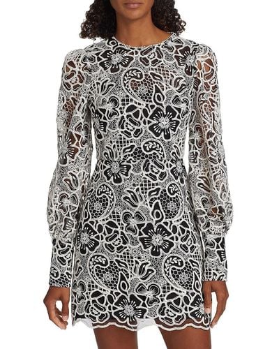 Monique Lhuillier Embroidered Floral Long Sleeve Mini Dress - Gray