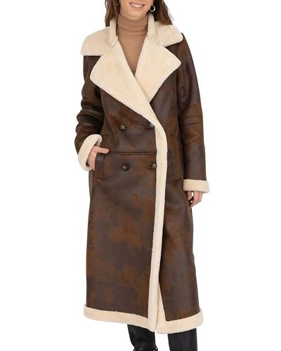 Frye Faux Shearling Double Breasted Maxi Coat - Brown