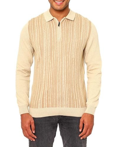 VELLAPAIS Stripe Quarter Zip Polo Sweater - Natural