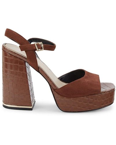 Kenneth Cole Dolly Suede & Croc Embossed Leather Sandals - Brown