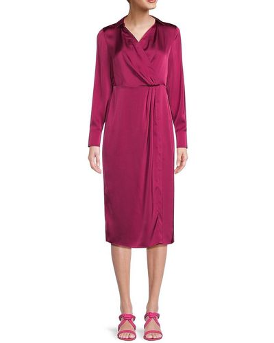 Nicole Miller Solid Faux Wrap Satin Dress - Red