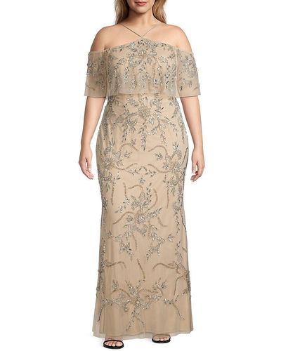 Aidan Mattox Plus Size Embellished Off The Shoulder Column Gown - Natural