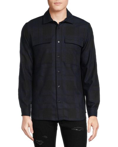 Karl Lagerfeld Plaid Cargo Pocket Wool Blend Button Down Shirt - Black