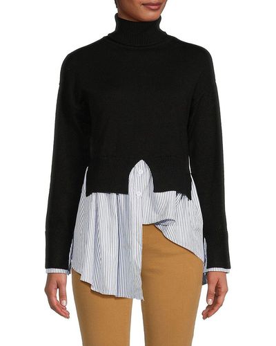 Avantlook Striped Splicing Turtleneck Layered Sweater - Black