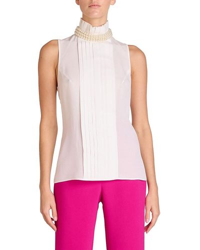 Andrew Gn Faux Pearl Trim Silk Top - White