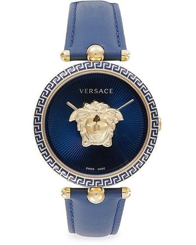 Versace 39mm Ion Plated Goldtone Stainless Steel & Leather Strap Watch - Blue