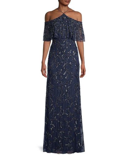 Adrianna Papell Beaded Embellished Off The Shoulder Gown - Blue