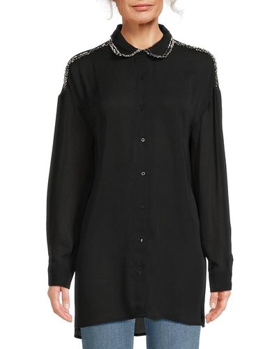 Ellen Tracy Oversized Fringe Button Down Shirt - Black