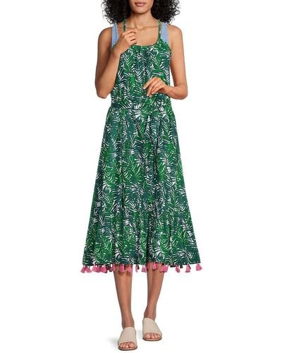 MER ST BARTH 'Chantal Leaf Print Tassel Midi Dress - Green