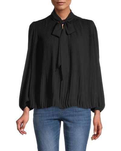 Nanette Lepore Solid-hued Pleated Tie-neck Top - Black