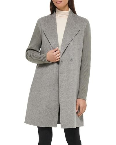 Kenneth Cole Double Breasted Ribbed Sleeve Coat - Gray