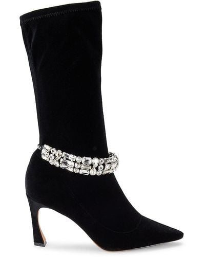 Alexandre Birman Riviera Crystal Velvet Heel Mid Calf Boots - Black