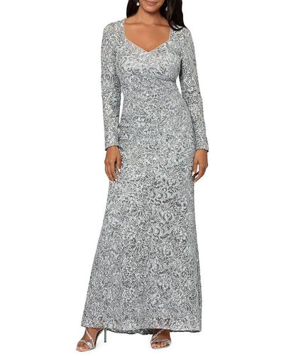 Xscape Long Sleeve Sequin Lace Gown - Gray