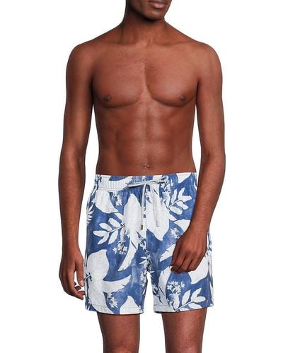 Vintage Summer Leaf Print Swim Shorts - Blue