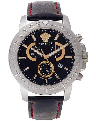 Versace 45Mm Stainless Steel & Leather Strap Chronograph Watch - Gray