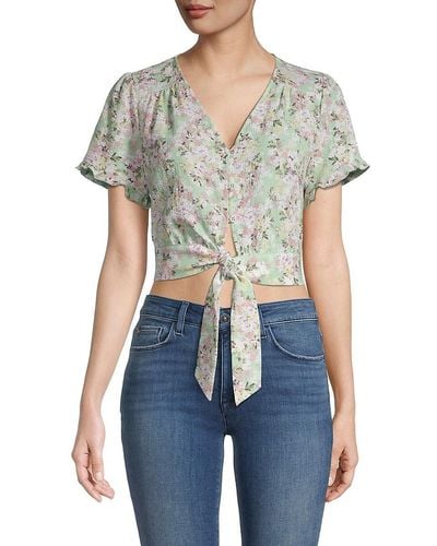 BCBGeneration Floral Tie Button Front Cropped Top - Blue