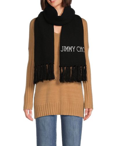 Jimmy Choo Fringed Logo Wool Scarf - Black