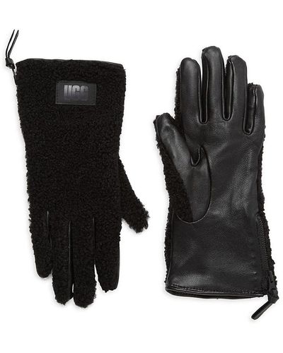 UGG Colorblock Leather & Faux Shearling Gloves - Black