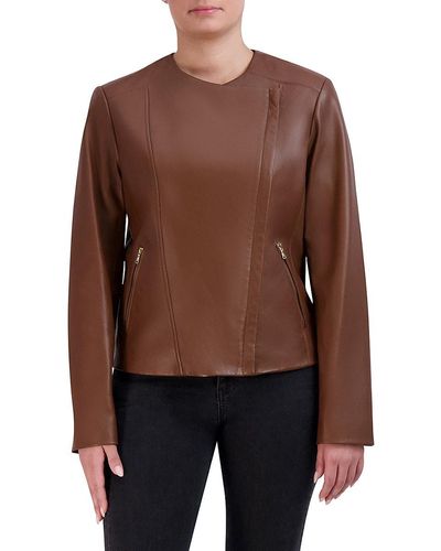 Cole Haan Collarless Leather Jacket - Brown