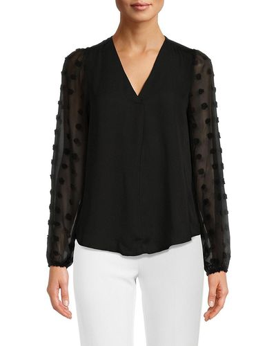 Ellen Tracy Swiss Dot V Neck Top - Black