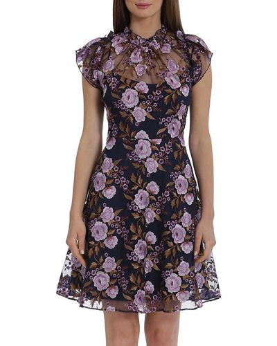 Maggy London Embroidered Floral A Line Dress - Purple