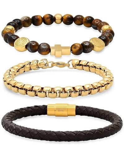 Anthony Jacobs 3-Piece 18K Plated, Stainless Steel, Leather & Tiger Eye Bracelet Set - White